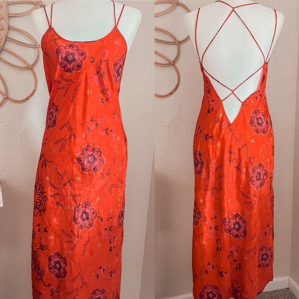 Vintage 90s Slip Satin Floral Low Back Sexy Criss Cross Strappy Flower Dress